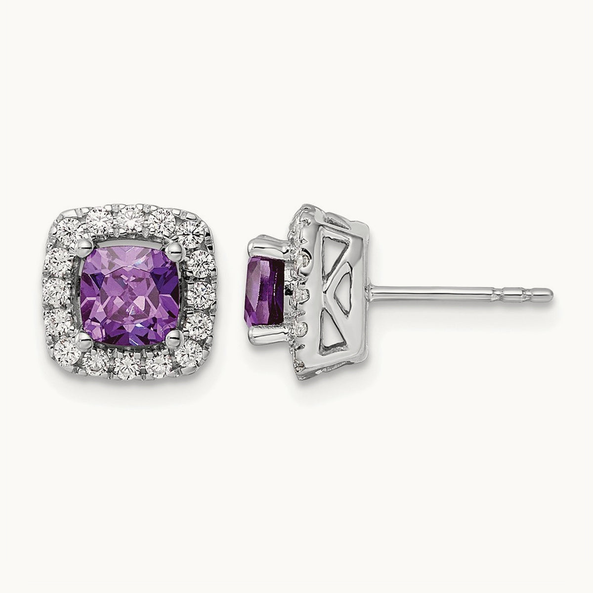 Feb Birthstone Amethyst Post Earrings, 0.50 ct tw Lab-Grown Diamond