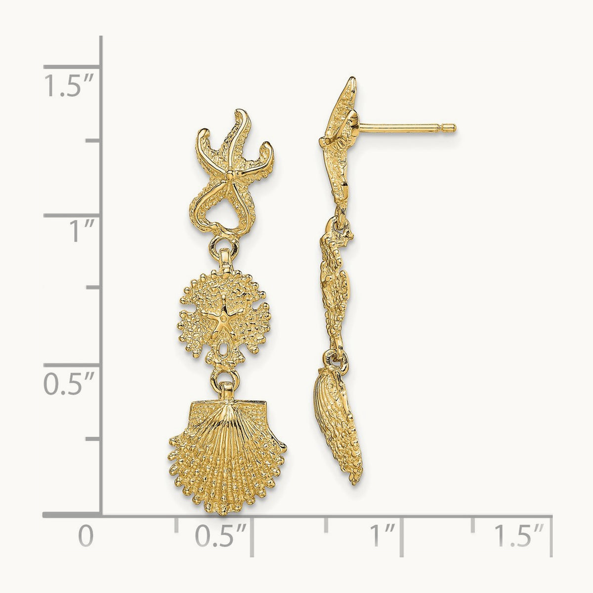 Starfish, Sand Dollar ,Scallop Shell Dangle Earrings, 14K