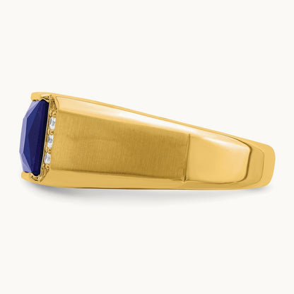 Square Created Sapphire and Diamond Mens Ring, 14K
