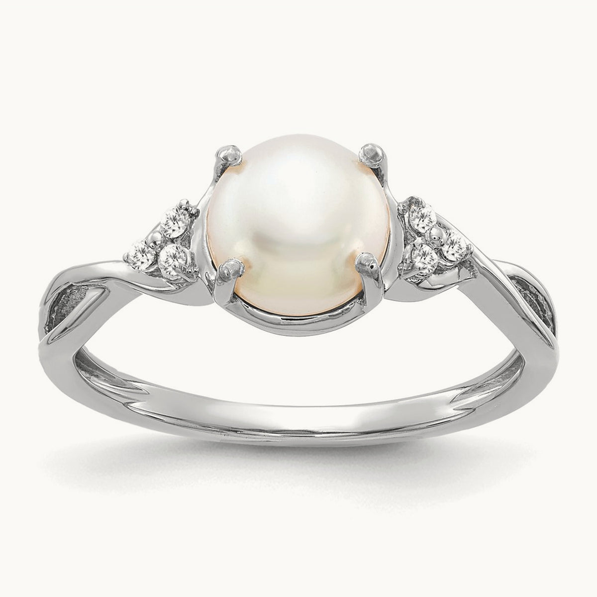Freshwater Cultured Pearl and Diamond Ring — 14K White Gold, 7