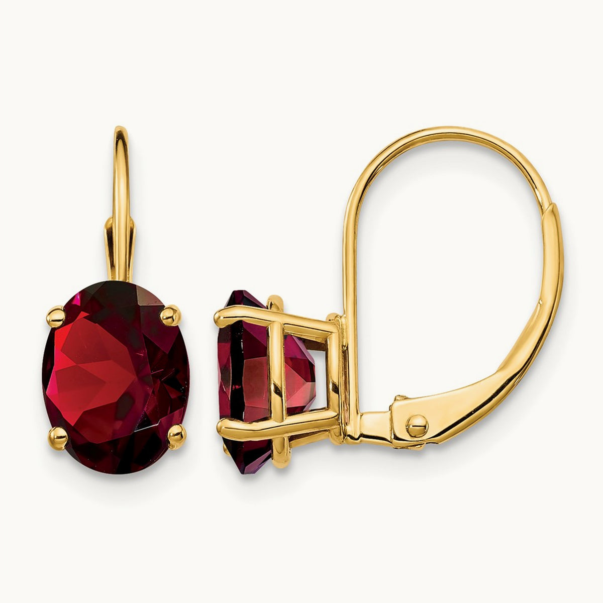 Oval Garnet Leverback Earrings — 17mm, 8x6mm