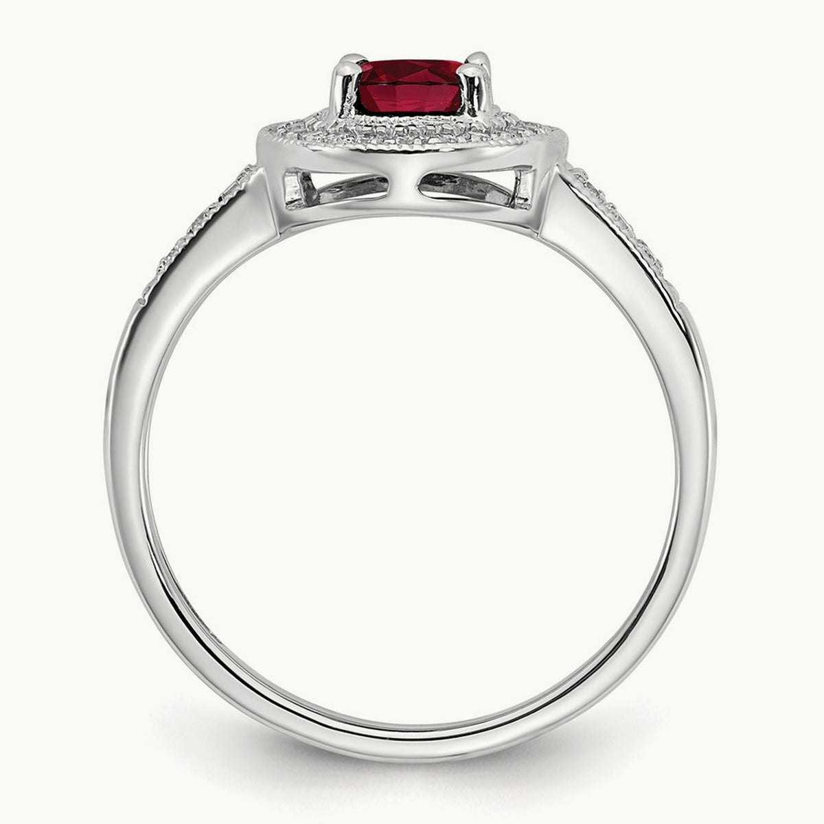 Oval Created Ruby and Diamond Halo Ring, 14K White Gold