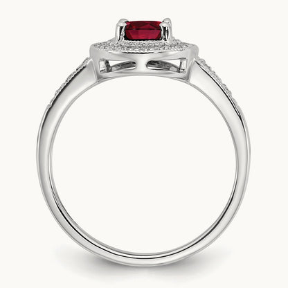 Oval Created Ruby and Diamond Halo Ring, 14K White Gold