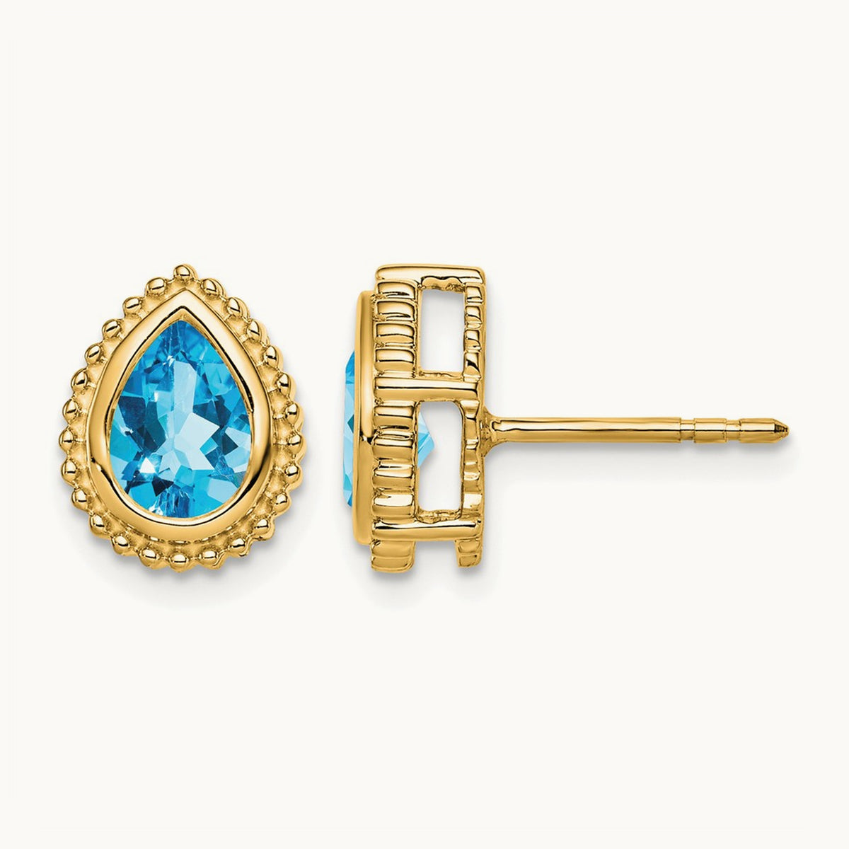 Pear Blue Topaz Post Earrings — 14K Yellow Gold