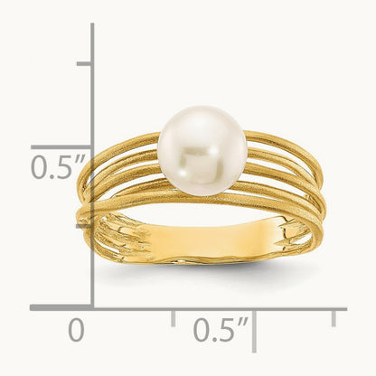 7- Round White Freshwater Cultured Pearl Brushed Ring, 8mm, 14K