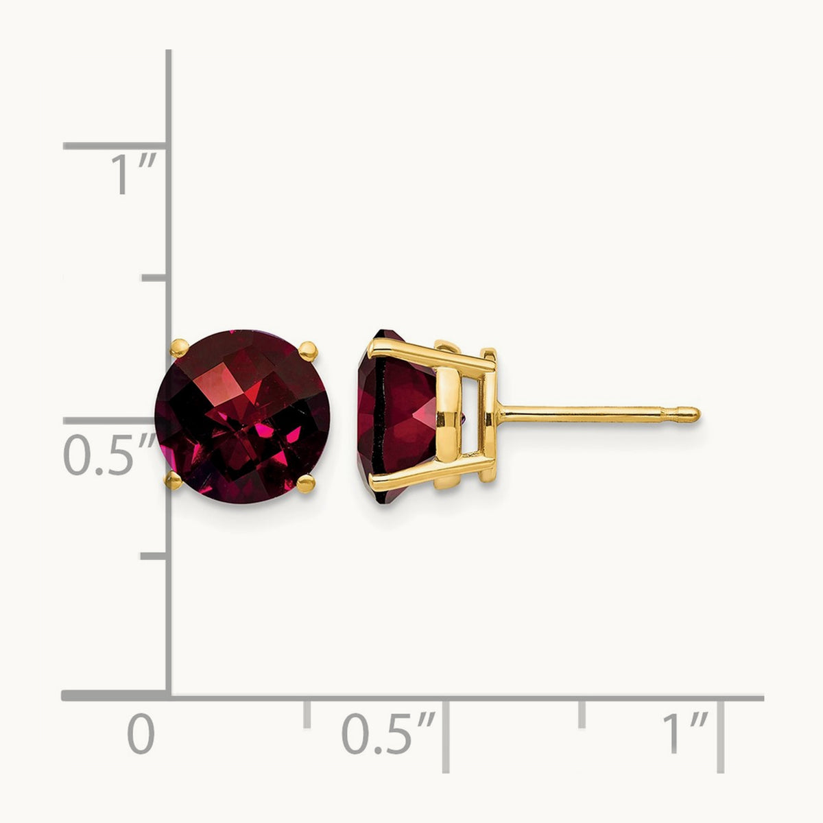Garnet Checker Post Earrings, 8mm, 14K