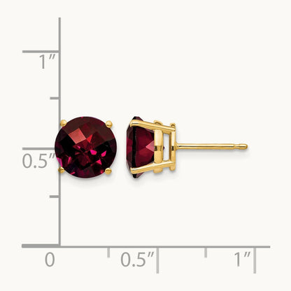 Garnet Checker Post Earrings, 8mm, 14K