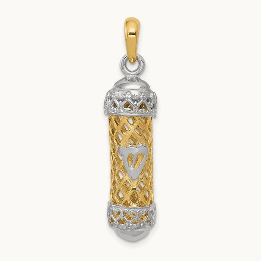 3D Mezuzah W/Shin Charm, 14K Two-tone