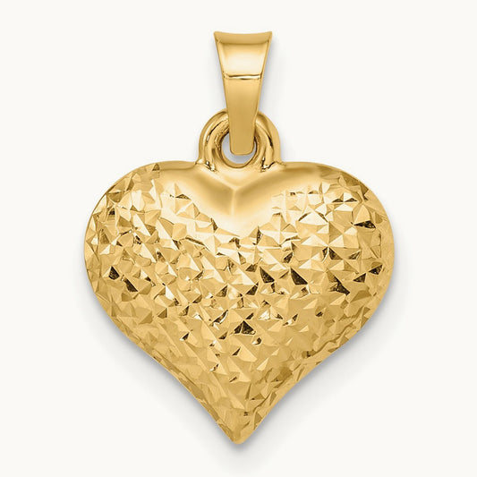 Polished Diamond-cut Large Puffed Heart Pendant, 14K