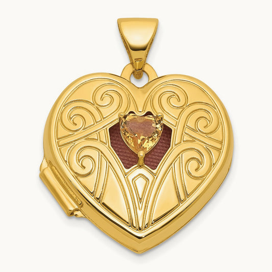 Polished Citrine November Birthstone Heart Locket, 18mm, 14K