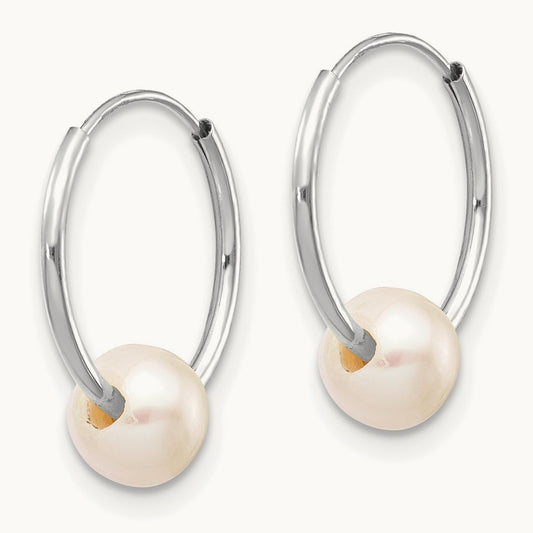 5- White Freshwater Cultured Pearl Endless Hoop Earrings, 6mm, 14K White Gold