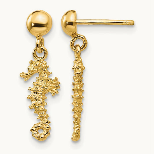 3-D Mini Seahorse Dangle Post Earrings, 14K