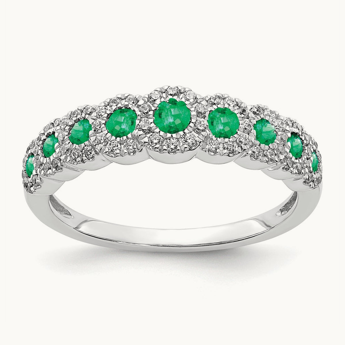 Diamond and Emerald Polished Ring, 14K White Gold