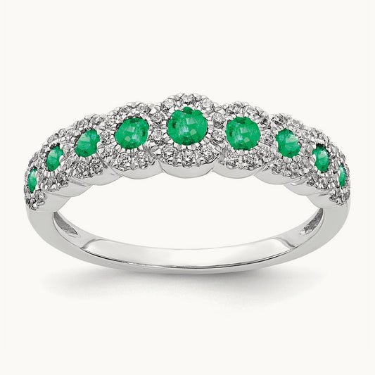 Diamond and Emerald Polished Ring, 14K White Gold