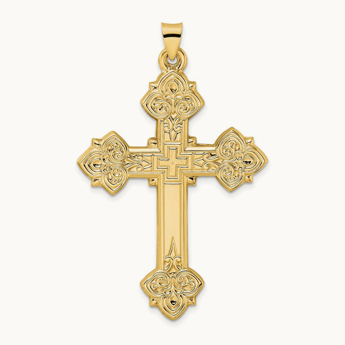Polished Hollow Fancy Fleur de Lis Cross Pendant, 14K