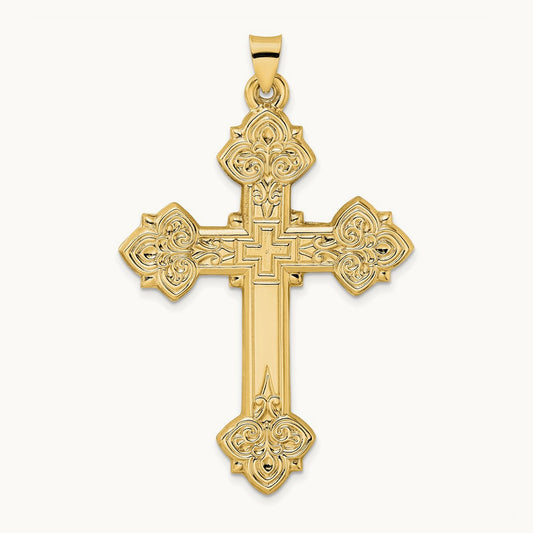 Polished Hollow Fancy Fleur de Lis Cross Pendant, 14K