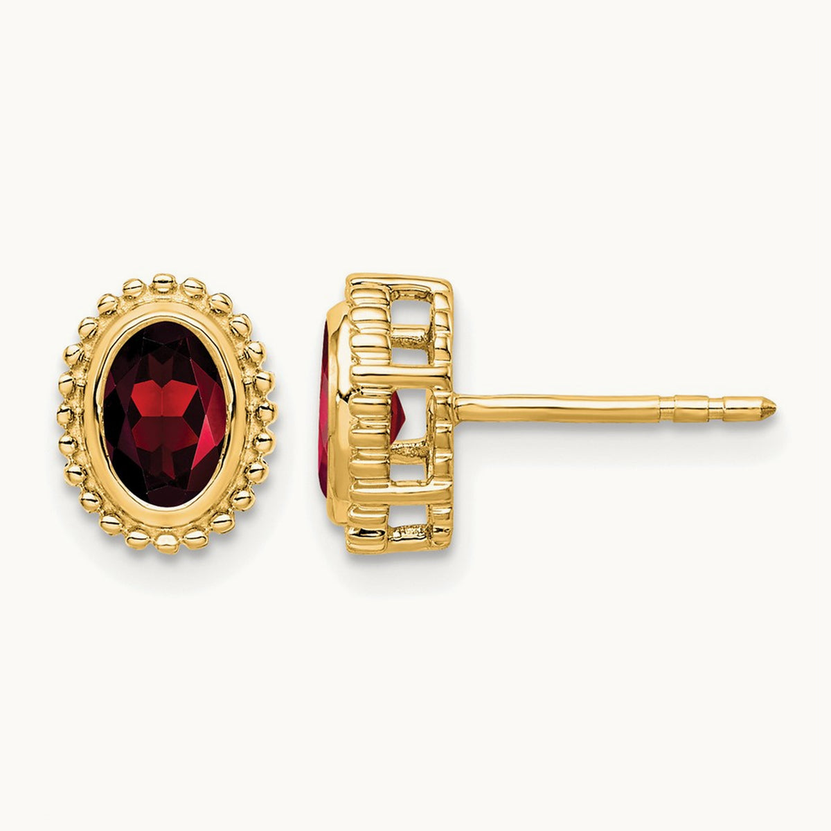 Oval Garnet Post Earrings — 14K Yellow Gold