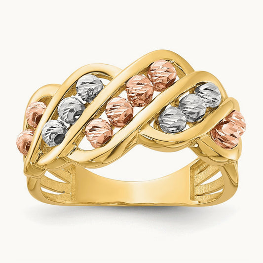 Tri-color Polished and Diamond-cut Beads Fashion Ring, 14K