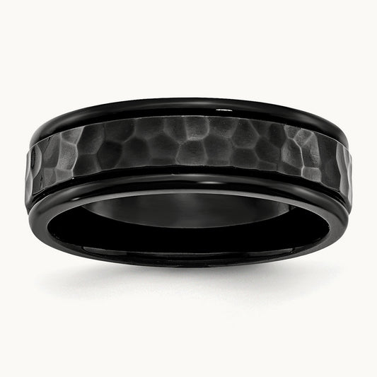 Polished and Hammered Black IP-plated Band, 7mm, Stainless Steel