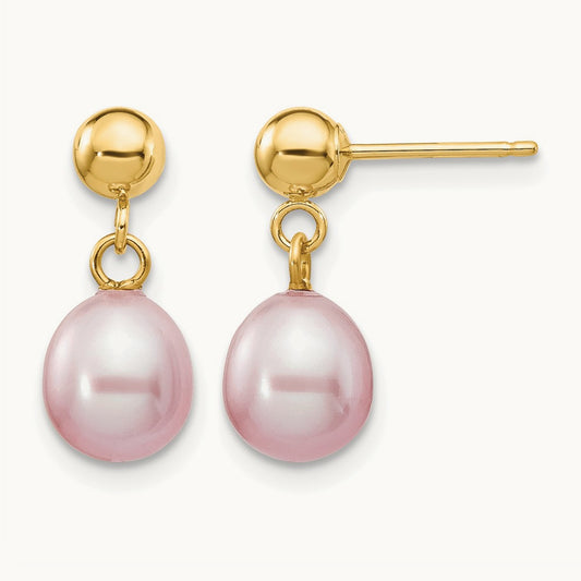 6- Purple Rice Freshwater Cultured Pearl Post Dangle Earrings, 7mm, 14K