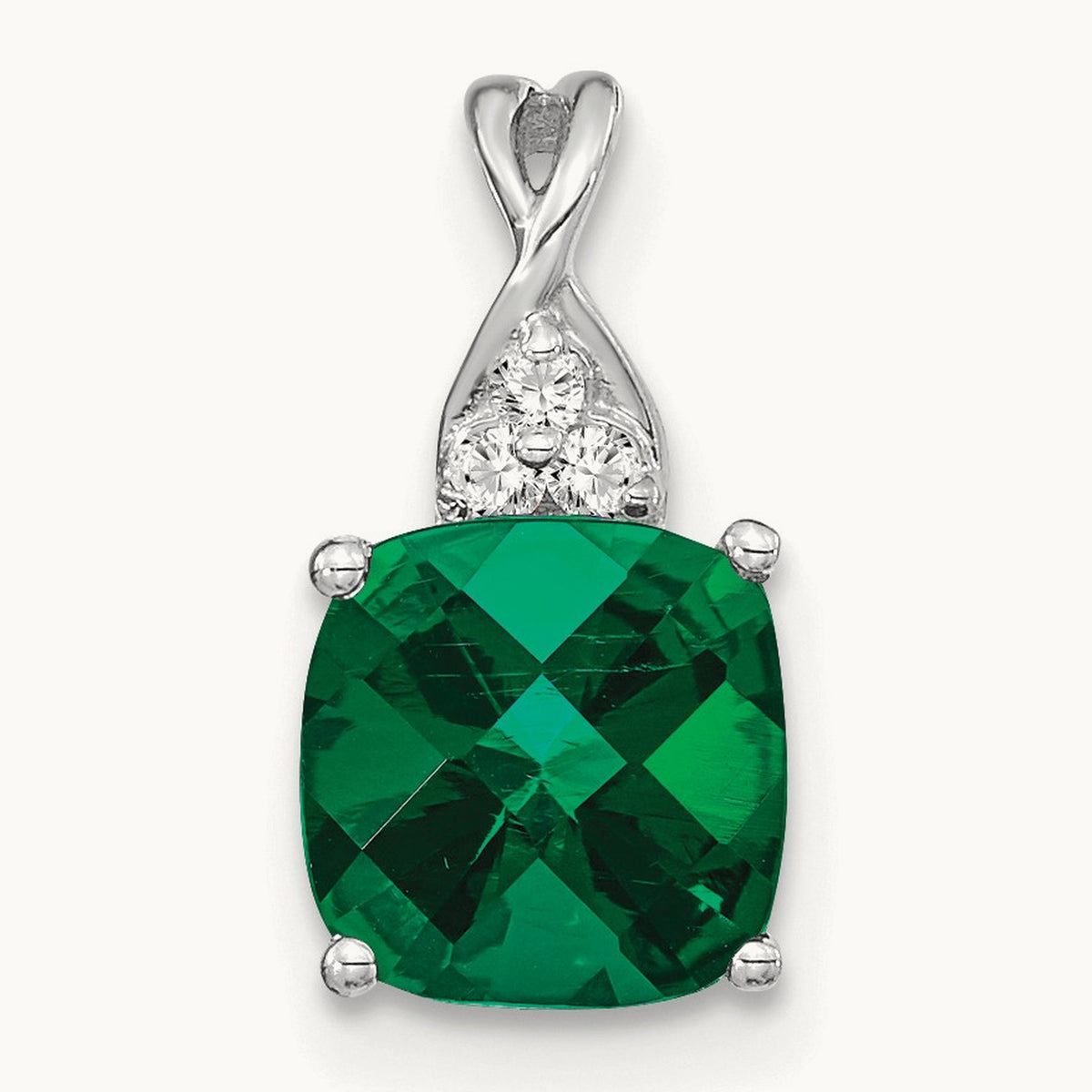 Checkerboard Created Emerald and Lab-Grown Diamond Pendant — 14K White Gold