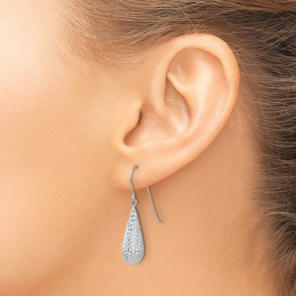 Diamond Cut Puff Tear Drop Dangle Earrings — 14K White Gold