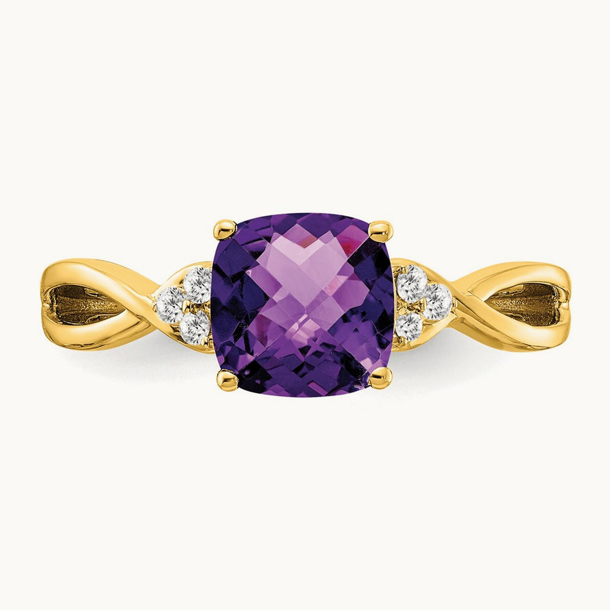 Checkerboard Amethyst and Diamond Ring — 14K Yellow Gold, 7