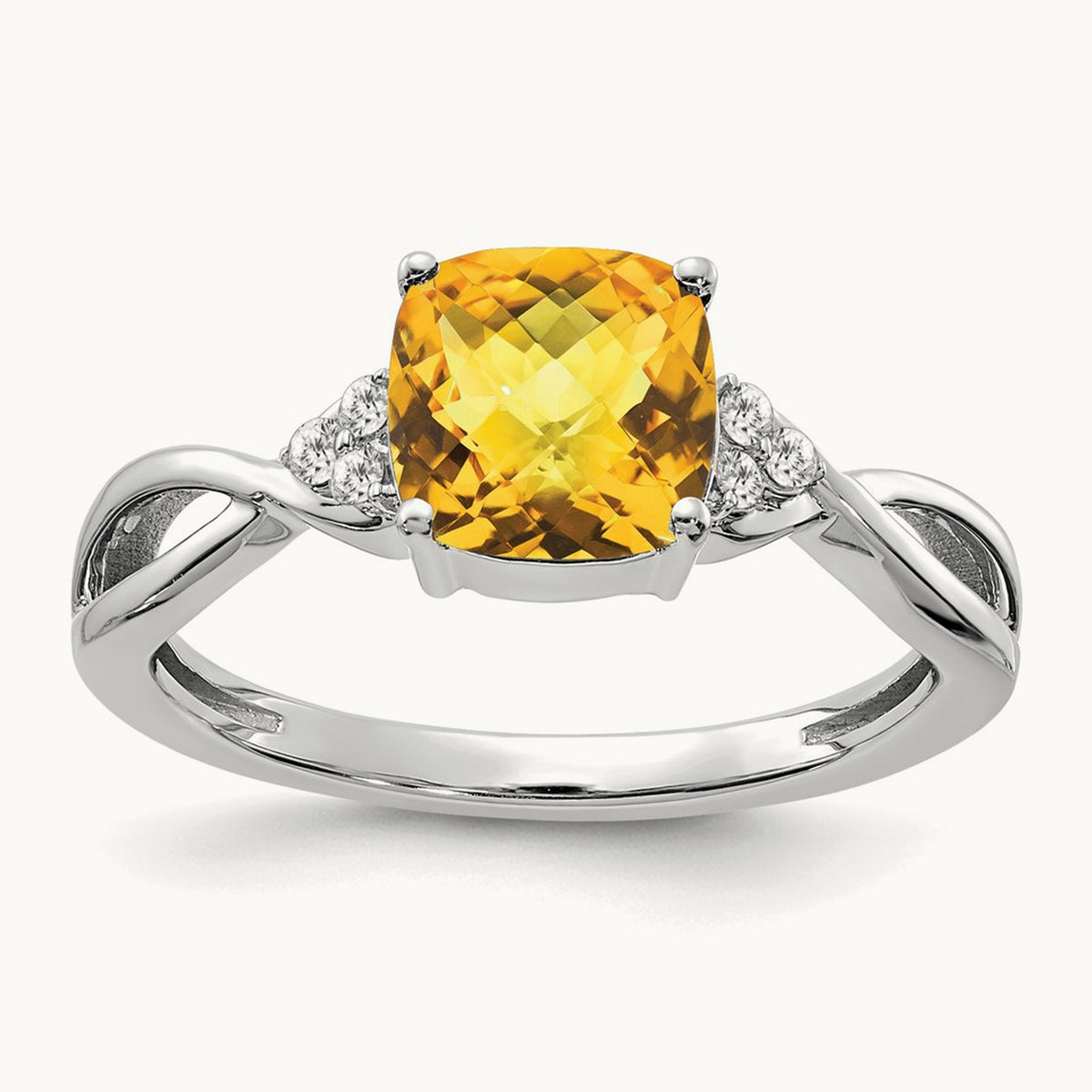 Checkerboard Citrine and Diamond Ring — 14K White Gold, 7