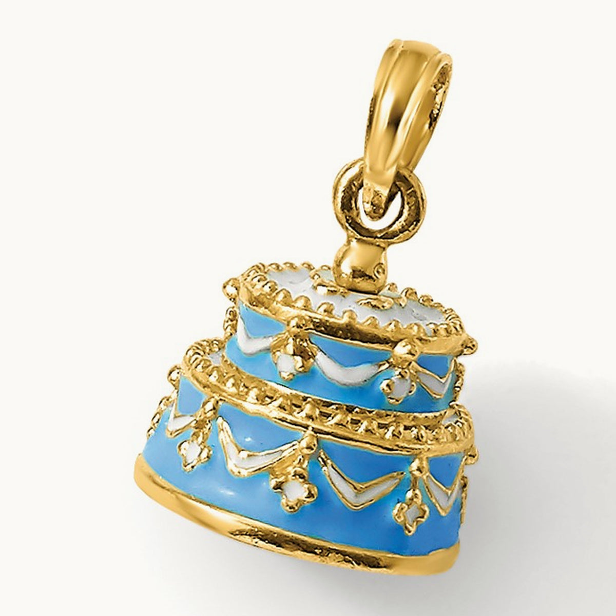 3-D Aqua Blue Enameled HAPPY BIRTHDAY Cake Pendant, 14K