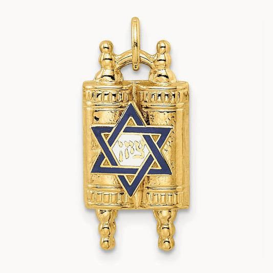 Polished Solid Torah and Enameled Star of David Pendant, 14K