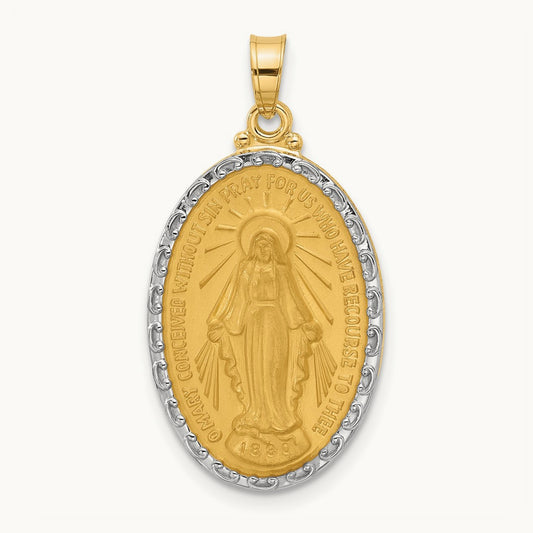 Satin and Polished Miraculous Medal Solid Oval Pendant with Rhodium — 29.9mm