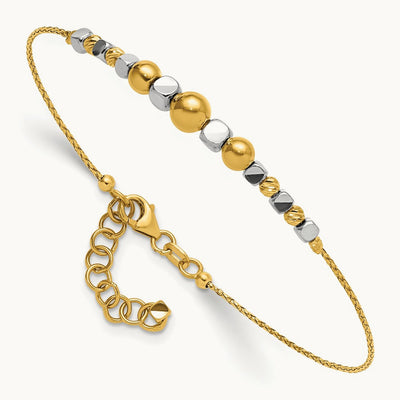 Polished Diamond-cut Beaded 7in w/1in ext. Bracelet, 14K Two-tone