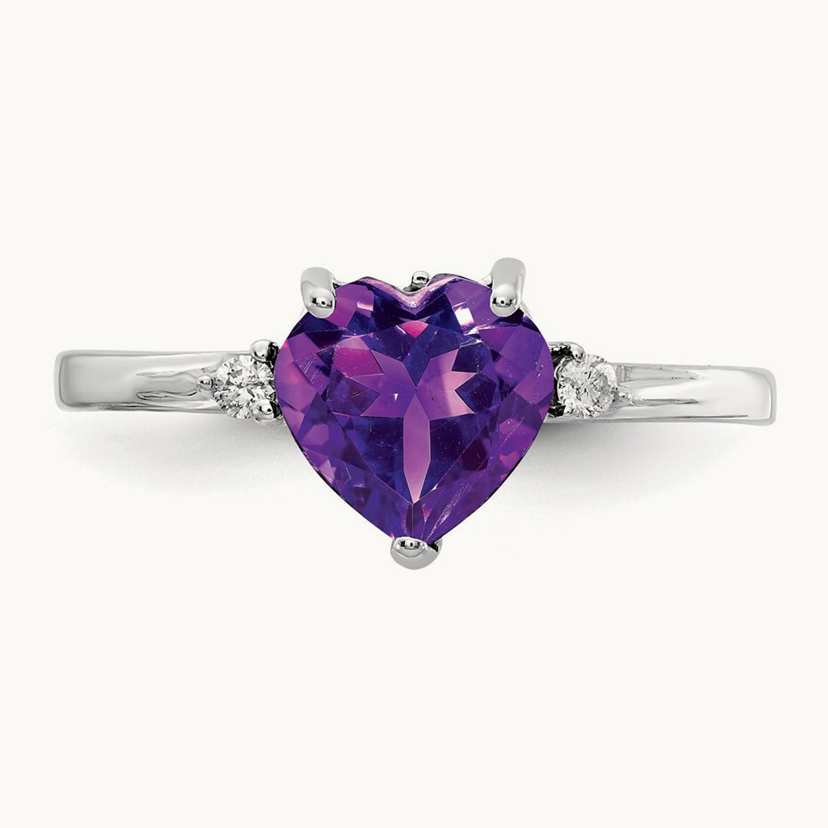 Heart Amethyst AA Diamond ring, 7mm, 14K White Gold