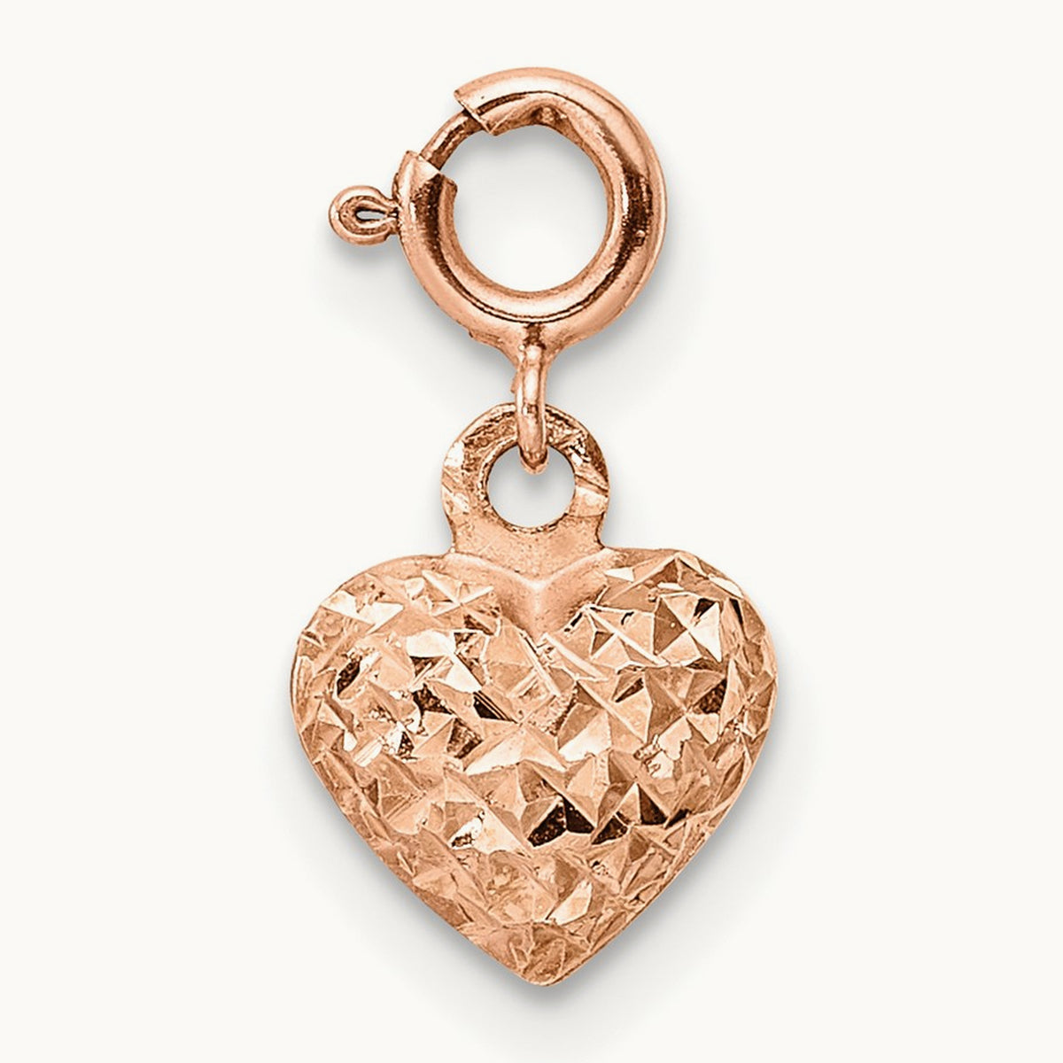 Diamond-cut Heart Spring Ring Charm Pendant — 14K Rose Gold