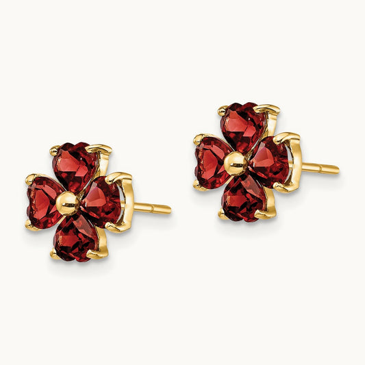 Heart-shaped Garnet Flower Post Earrings, 14K