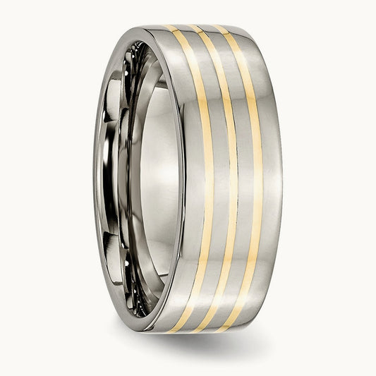 Polished w/14k Yellow Inlay Flat Band, 8mm, Titanium