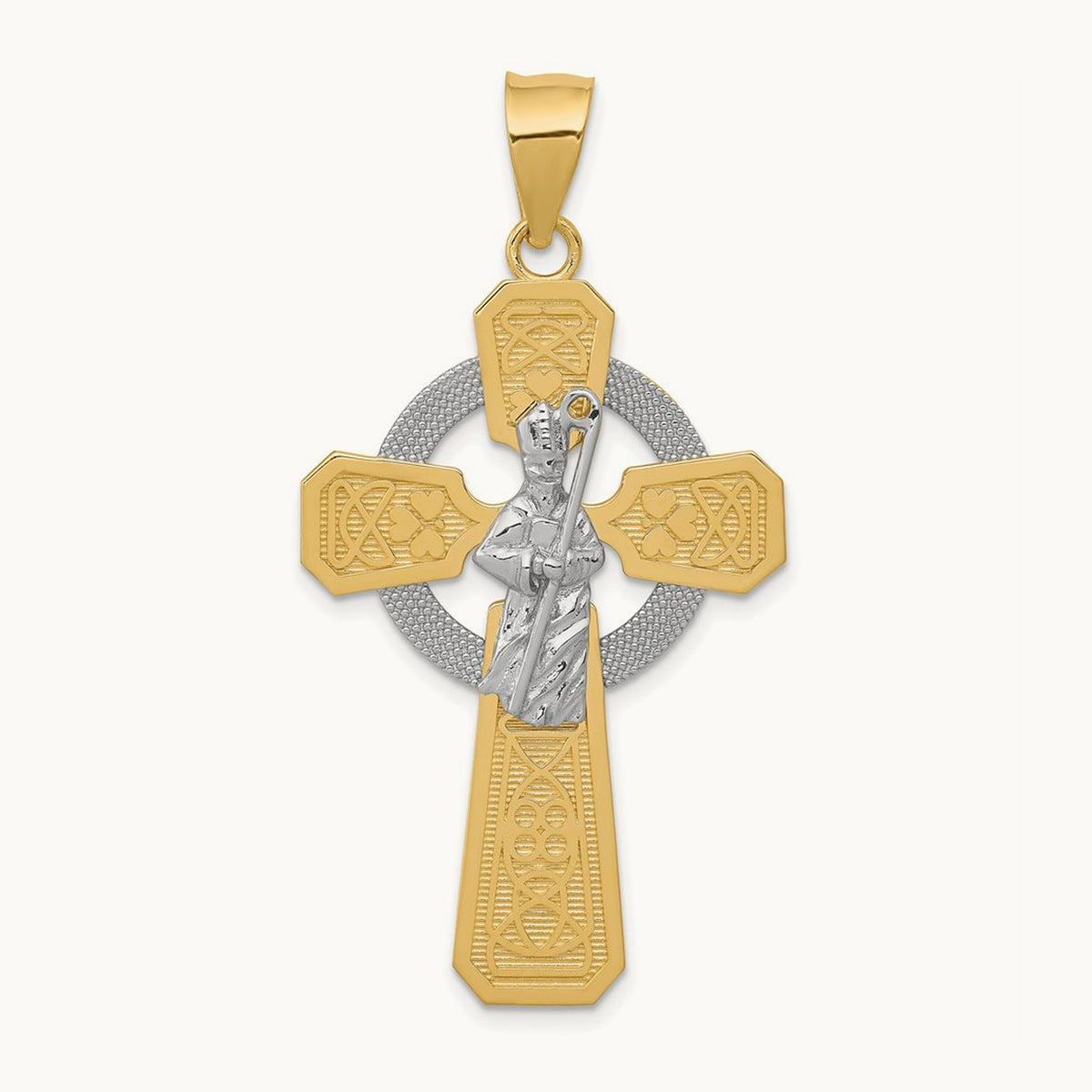 St. Patrick Celtic Cross Pendant, 14K Two-tone with Rhodium