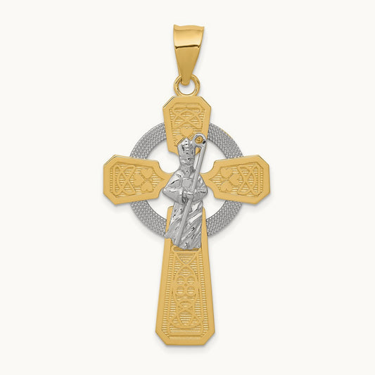 St. Patrick Celtic Cross Pendant, 14K Two-tone with Rhodium