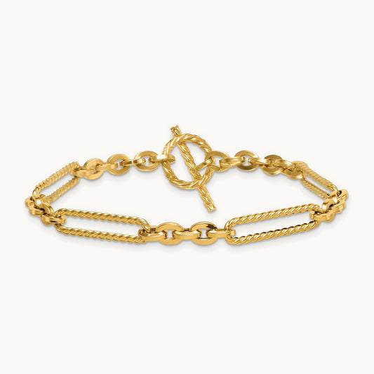 Polished and Textured 7.5in Fancy Link Toggle Bracelet, 14K