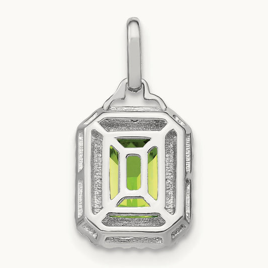 Emerald-cut Peridot and Diamond Halo Pendant, 14K White Gold