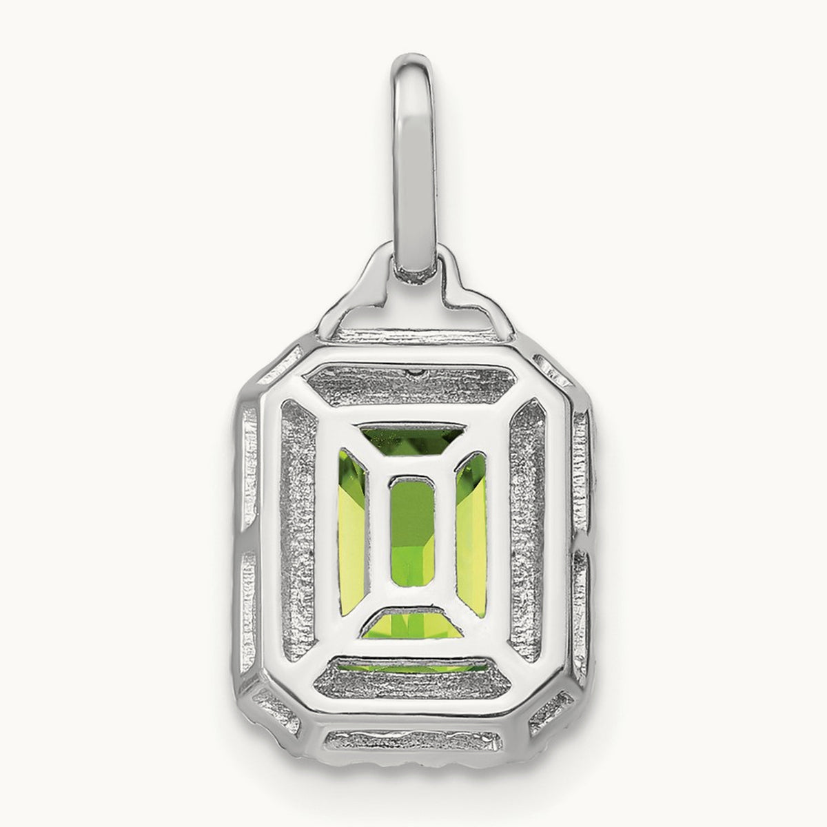 Emerald-cut Peridot and Diamond Halo Pendant, 14K White Gold