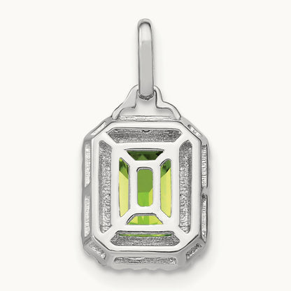 Emerald-cut Peridot and Diamond Halo Pendant, 14K White Gold