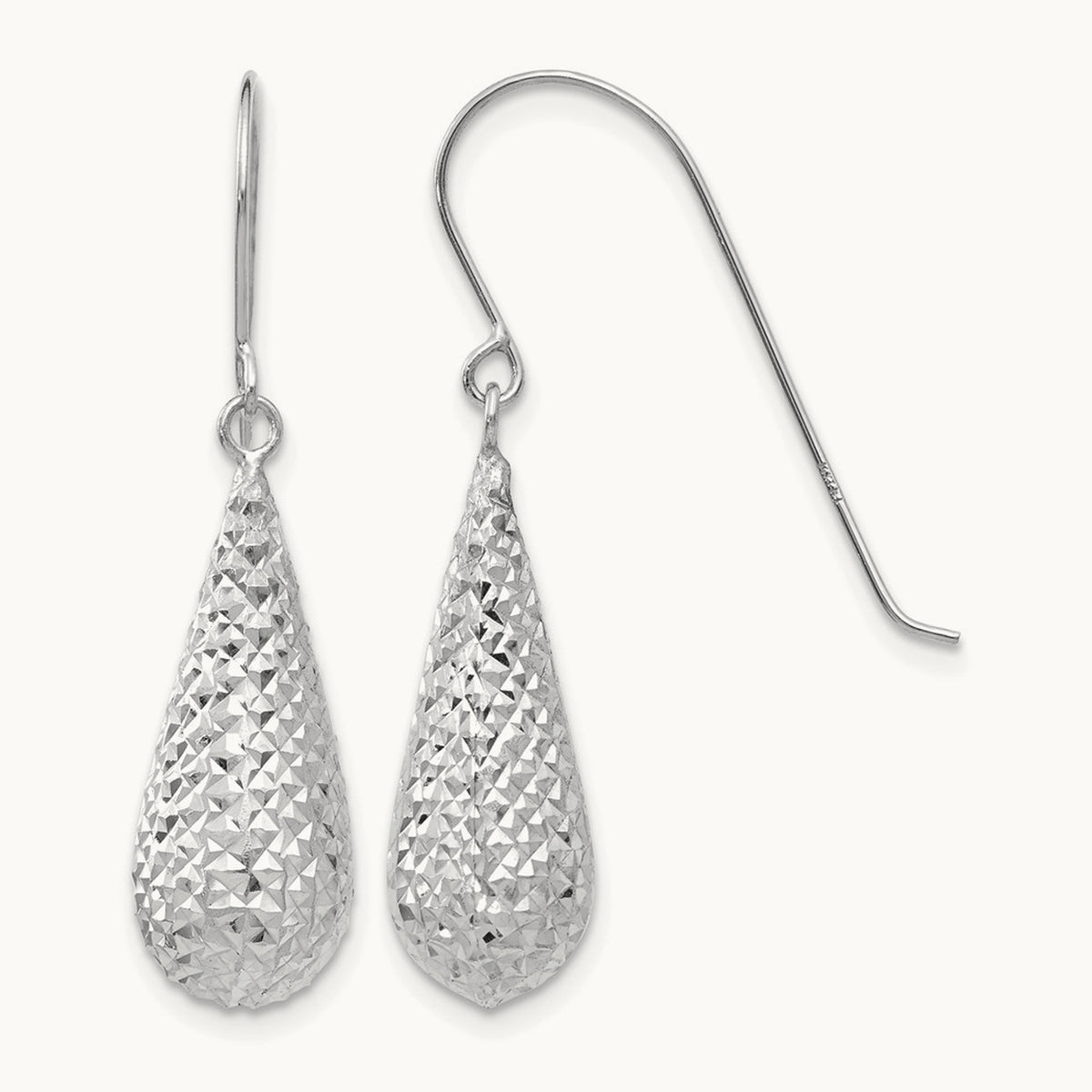 Diamond Cut Puff Tear Drop Dangle Earrings — 14K White Gold