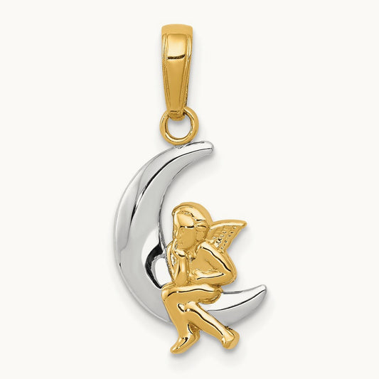 Polished Moon w/ Angel Pendant, 14K with Rhodium
