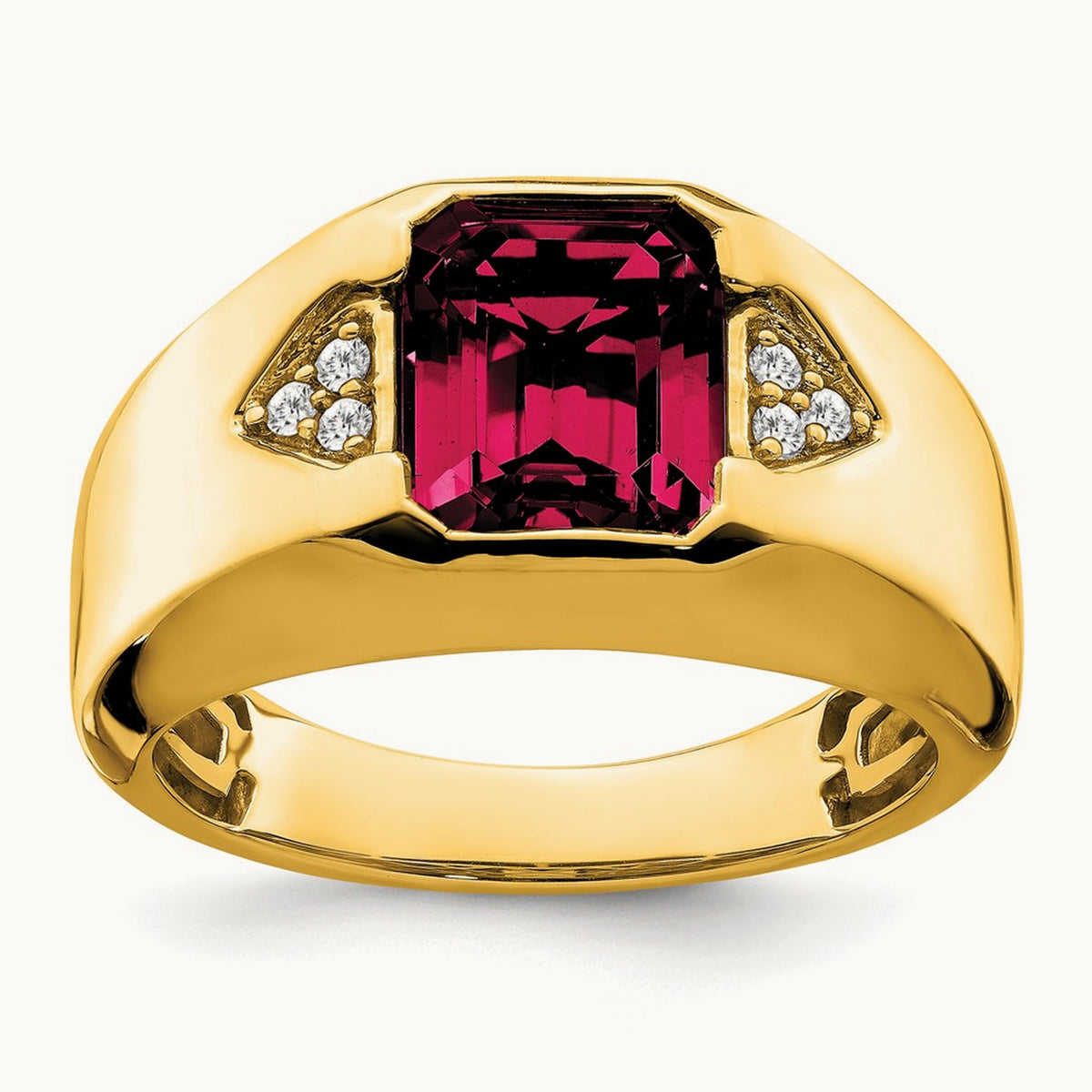 Emerald-cut Created Ruby and Lab-Grown Diamond Men's Ring — 14K Yellow Gold, 10
