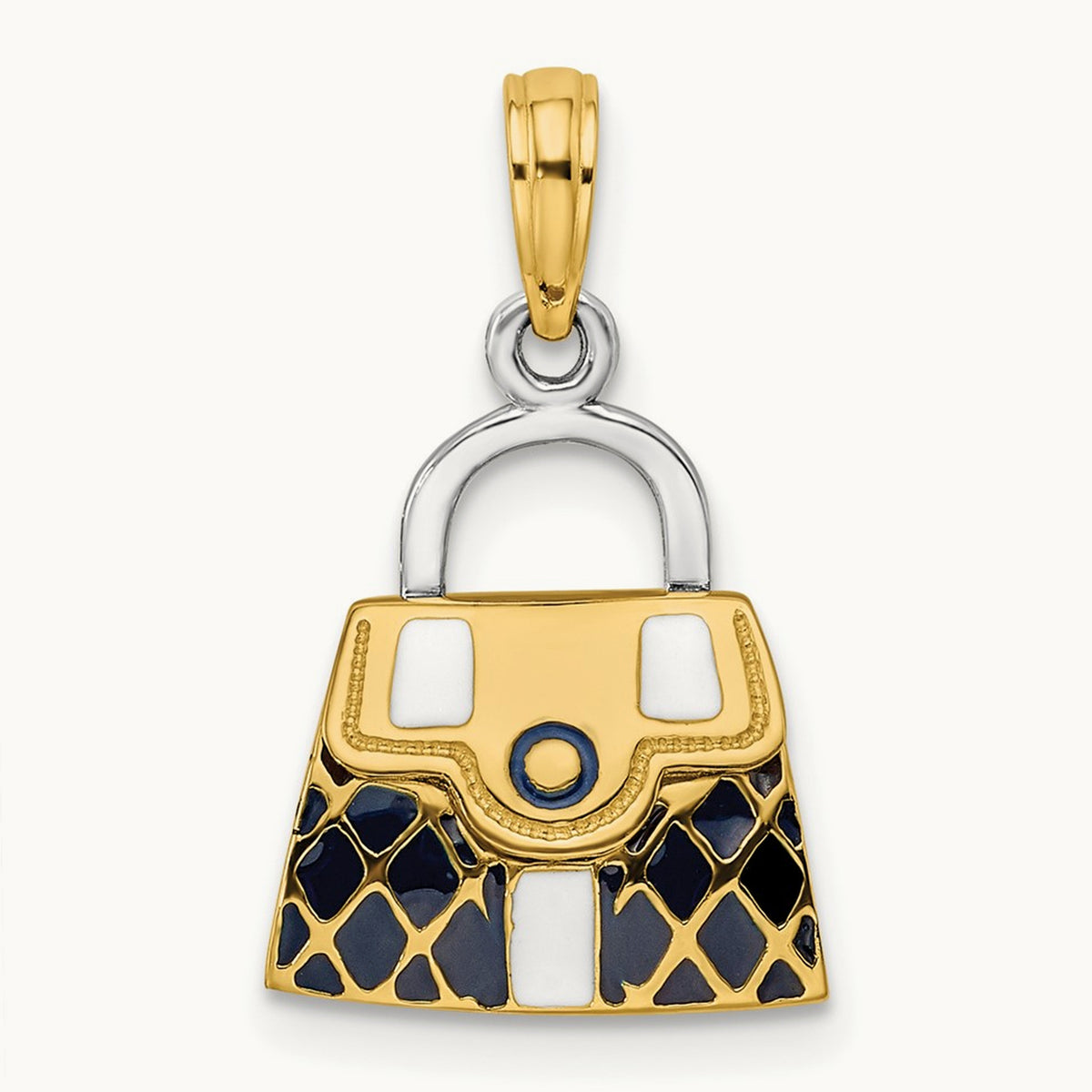 & Rhodium 3-D Black Opens Quilted Handbag Charm, 14K