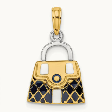 & Rhodium 3-D Black Opens Quilted Handbag Charm, 14K