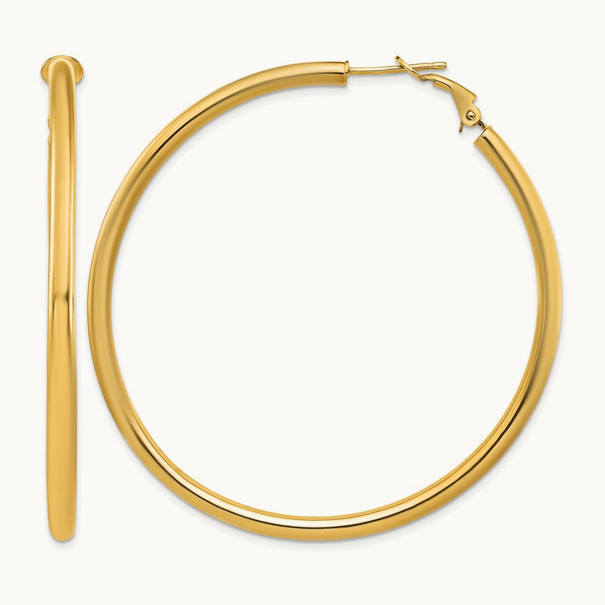 Polished Round Omega Back Hoop Earrings — 14K Yellow Gold, 3x57mm