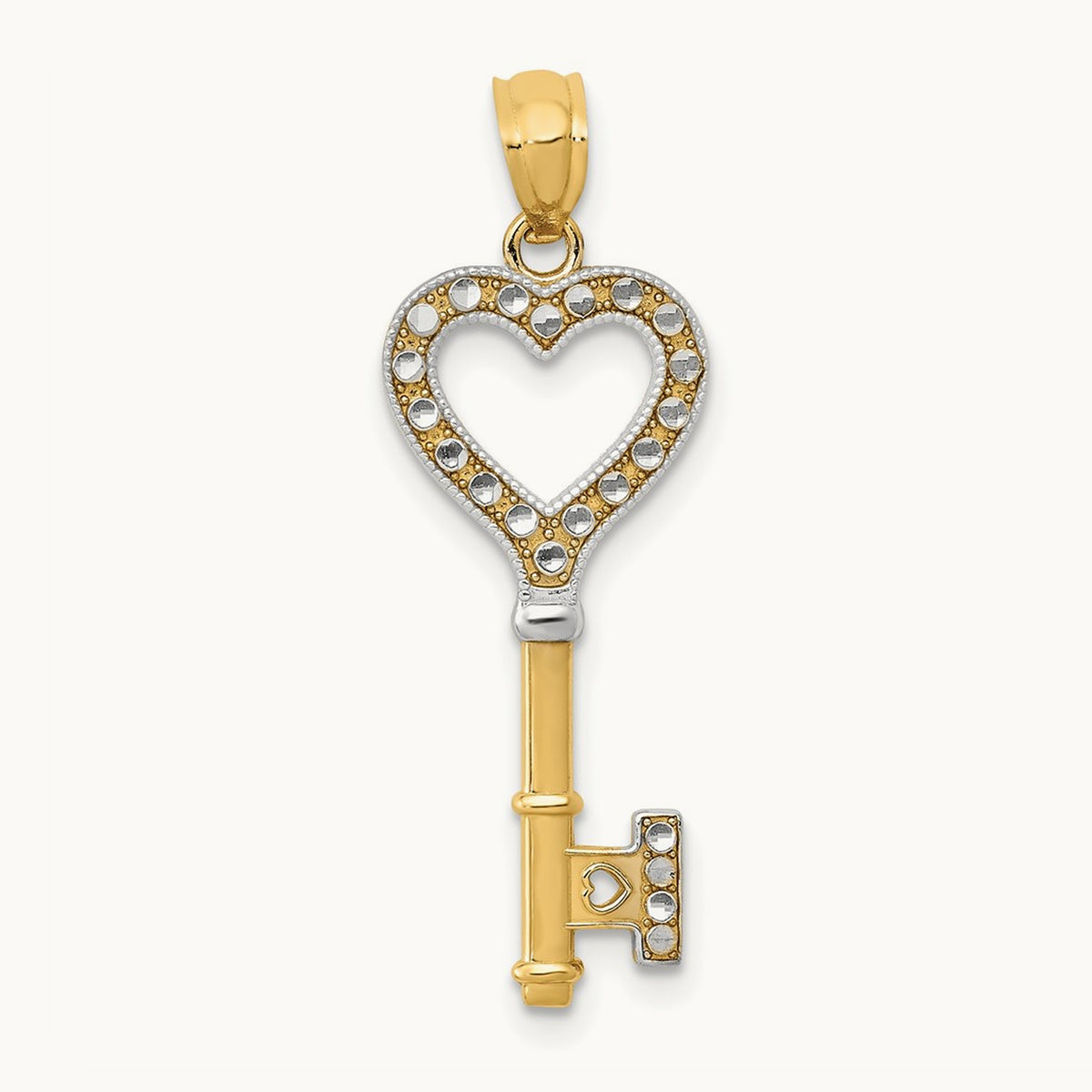 Polished Heart Key Charm with white rhodium — 30mm