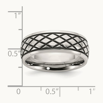 Polished and Antiqued Checkered Pattern Band, 8mm, Stainless Steel